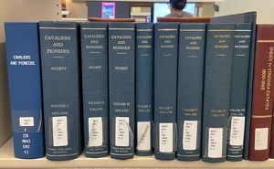 Blue books lined up on a shelf.