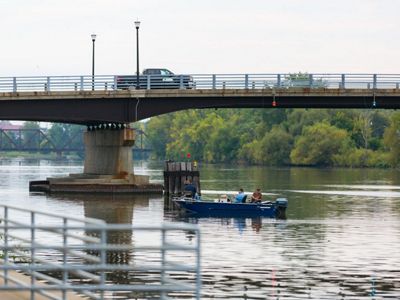 A fishing vessel on the Saginaw River in downtown Saginaw.