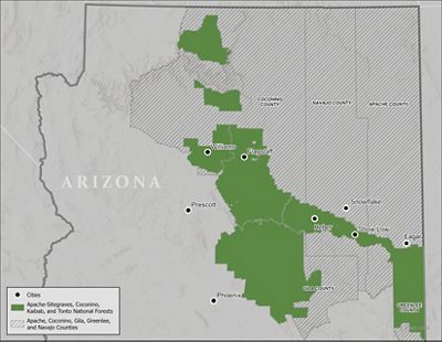 Map of Arizona with highlighted areas showing National Forests where forest restoration activities are happening.