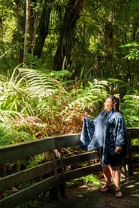 A person stands on a boardwalk looking into a forest.