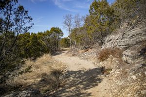 A rocky trail winds through trees, brush, and rocky outcroppings.