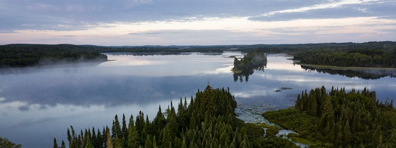 Aerial view of an undeveloped freshwater lake surrounded by forest.