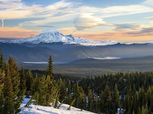Scenic view looking across a forested landscape toward a snow-covered Mt. Rainier in the distance under an orange sunset sky.