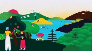 A colorful graphic illustration of two people standing on a hill under a fruit tree. Fish swim in the large blue lake behind them. The sun rises behind a hill sited with solar panels and wind turbines.