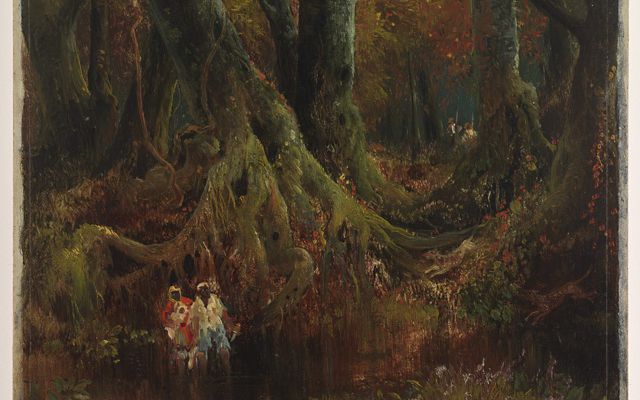 An 1864 painting of an enslaved family, at lower left, hiding from slave catchers closing in on them. The Black man holds a knife as two white men, at upper right, search the thickly forested area.