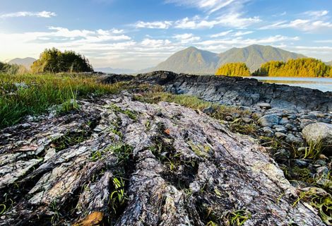 rocky landscape with a mountain and river in the background.