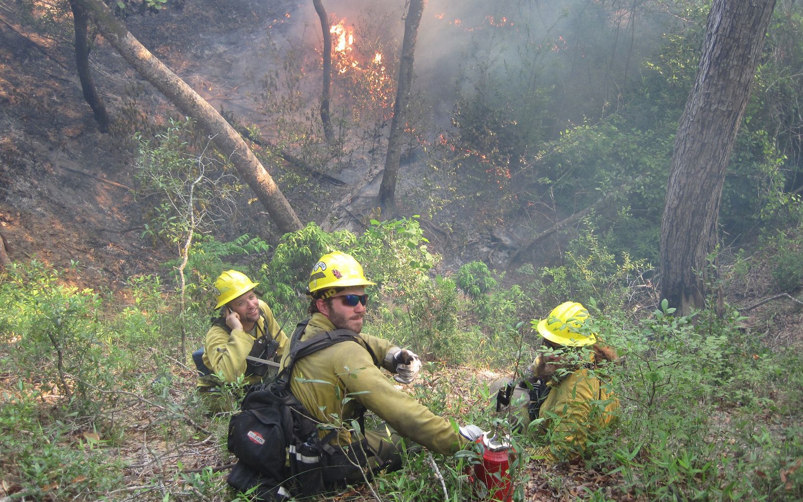 Apalachicola Bluffs and Ravines Preserve staff monitor a controlled burn in the steephead ravine.