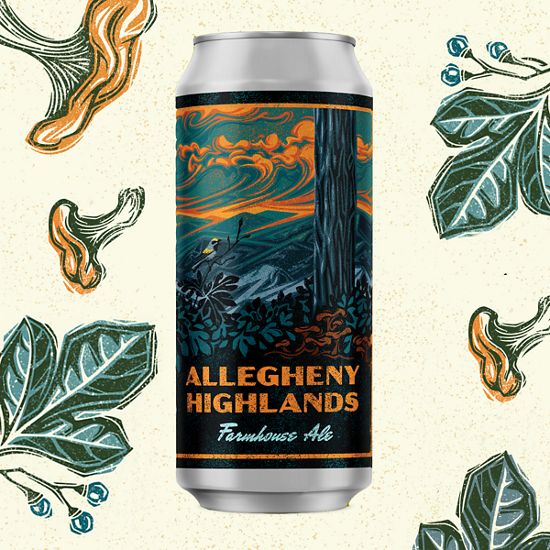 A beer car surrounded by line drawings of mushrooms and sassafras leaves. The can label reads Allegheny Highlands Farmhouse Ale and shows mountain ridges under a sunset sky tinged with orange light.