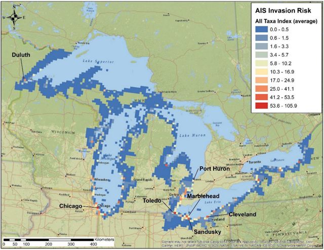 A map showing the risk levels of potential non-native species introduction in the Great Lakes region.