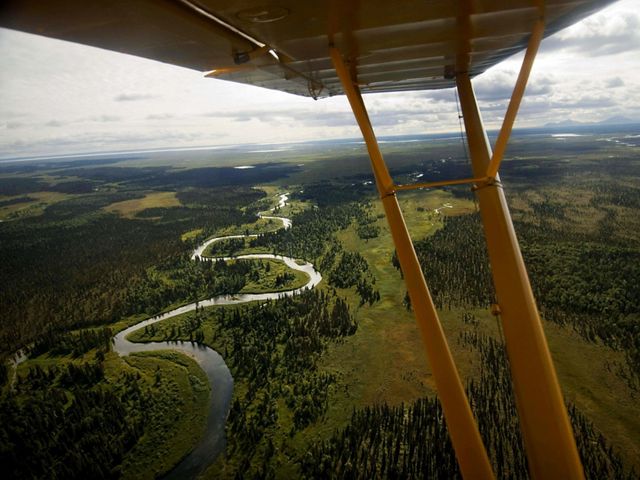 View of a winding river surrounded by pristine wilderness viewed from the seat of a small plane. 