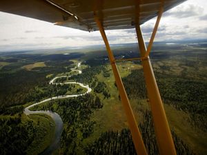 Aerial view of a river meandering through forests of Bristol Bay taken from a bush plane; the struts and part of the wing of the plane are visible in the photo.