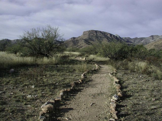 View of a path lined with stones leading to a mountain.