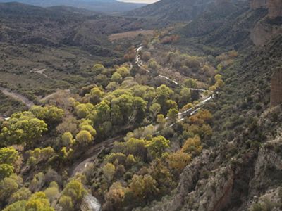 Ariel view of Aravaipa Canyon on a cloudy day.