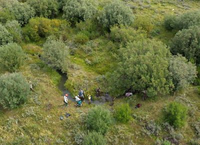 Aerial view of a wet meadow with several people working in and around a stream.
