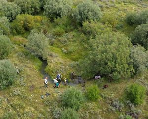 Aerial view of a wet meadow with several people working in and around a stream.
