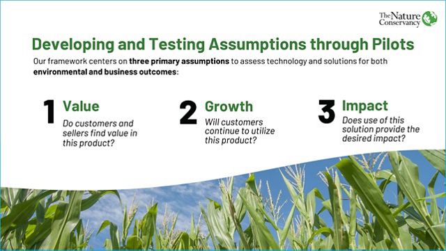 A TNC PowerPoint slide shows three assumptions about the pilot project framework.