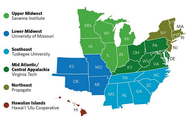 Map of eastern and midwest United States showing different agroforestry areas, with each state in each area colored according to its associated agroforest region.