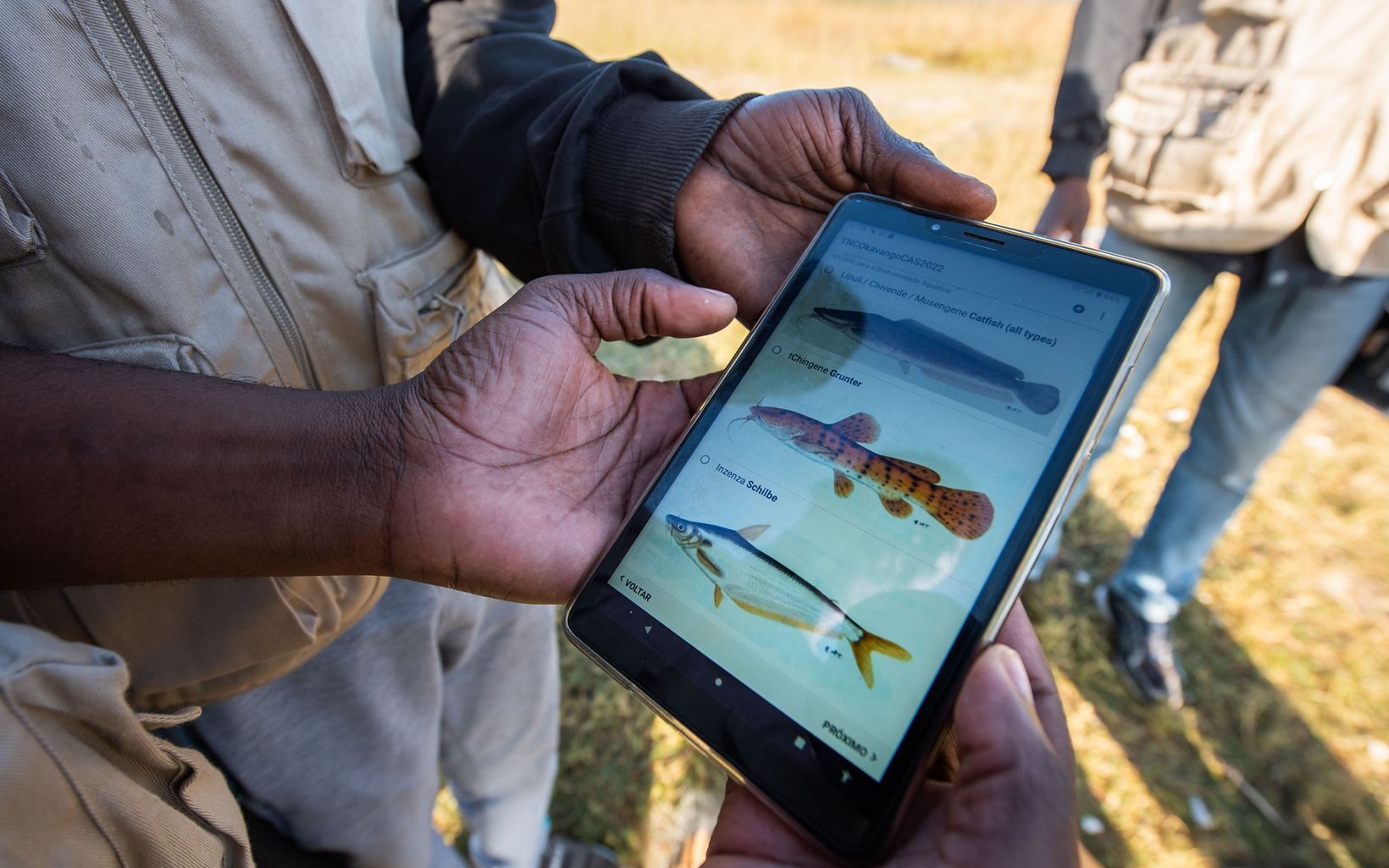 
                
                  New Technology Noel Valentino Carlos, ACADIR Fisher Coordinator, and Victor Barreto, TNC Okavango Basin Fisheries Specialist, support fisheries monitoring in Livambi Village, Angola.
                  © Roshni Lodhia
                
              