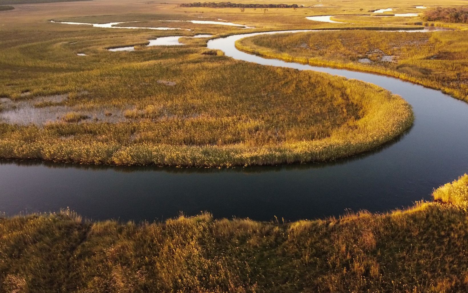 Aerial view of a twisting river 