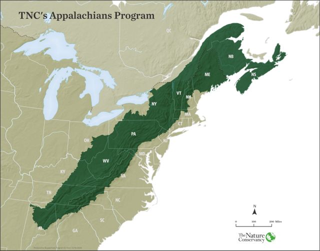 Map of most of the Eastern U.S. with the Appalachian area colored in green.