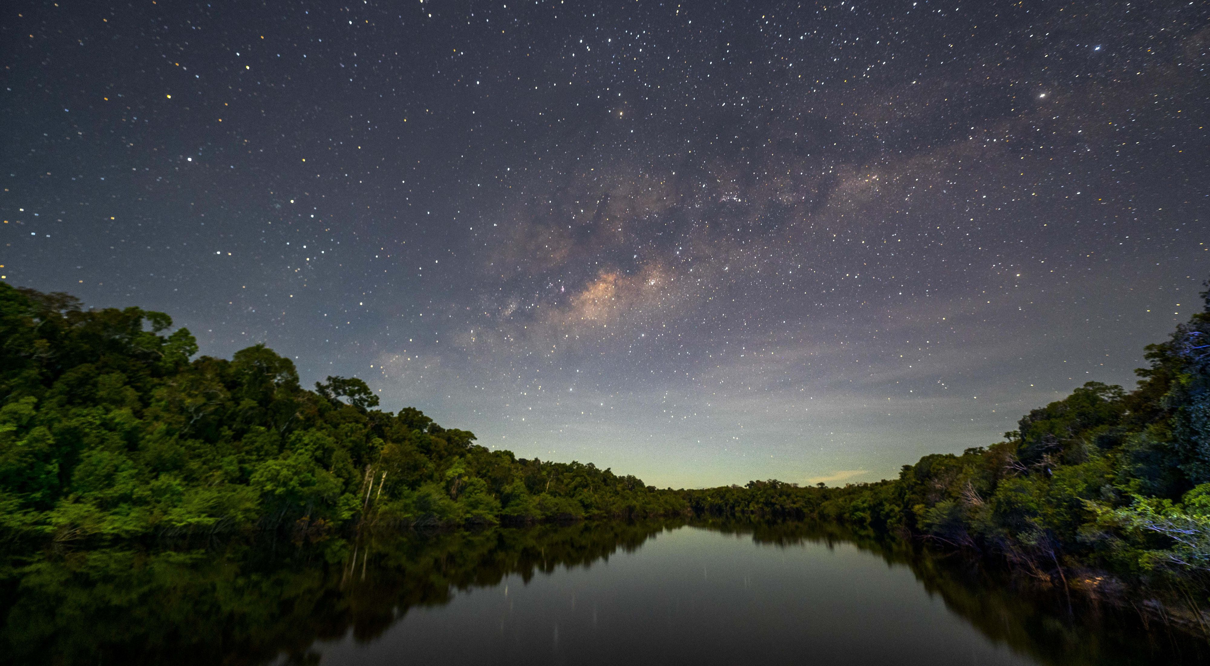 Clusters of stars and the milky way galaxy appear in a darkening sky over tropical rainforest and a river