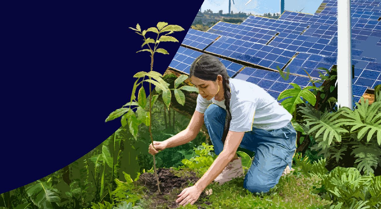 Illustration of a woman planting a tree with a backdrop of solar panels and wind turbines.