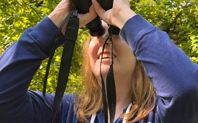 A woman holding binoculars over her eyes and looking up. 