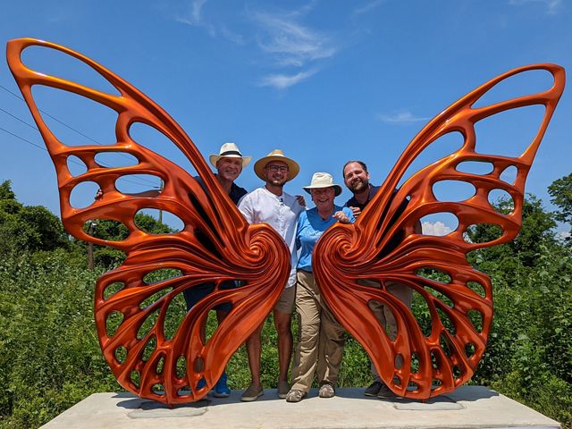 Designed by Brazilian artist Rubem Robierb, a monarch butterfly statue installed at New Jersey’s Garrett Family Preserve.