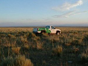 A truck parked in a vast grass field.