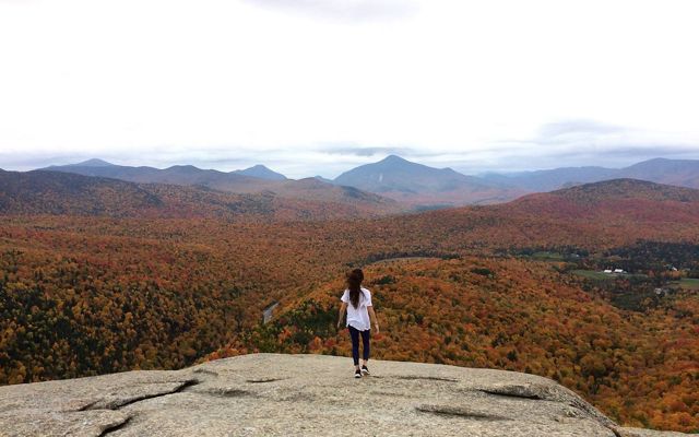 A person standing with back to camera on a rock facing the Adirondacks.
