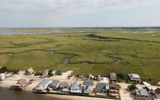 Aerial view of Cape May, with houses in foreground and salt marsh in background.
