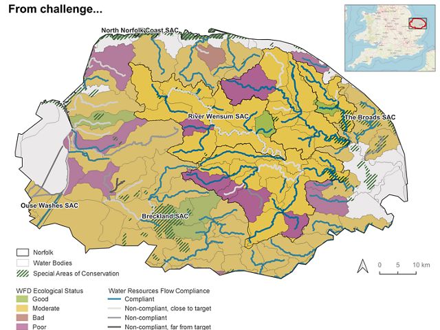 Infographic showing rivers in Norfolk, England that don't meet water flow requirements.