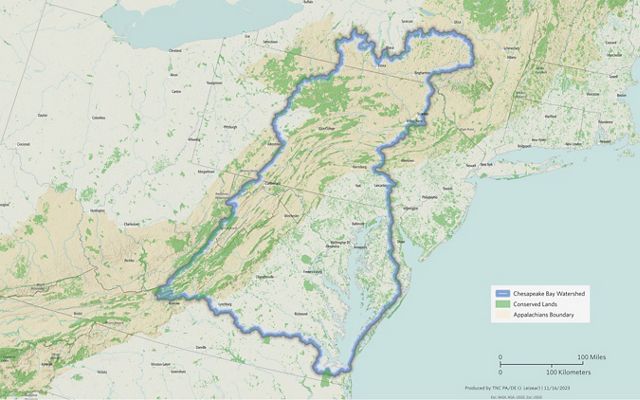Chesapeake Bay land map showing the boundaries of the six states in the watershed with pins marking TNC protected lands.