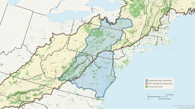 Map of the Chesapeake Bay watershed showing an area that span the Appalachian Mountain range from New York to Virginia. 