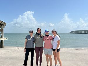 Four women stand on the beach in front of the ocean.