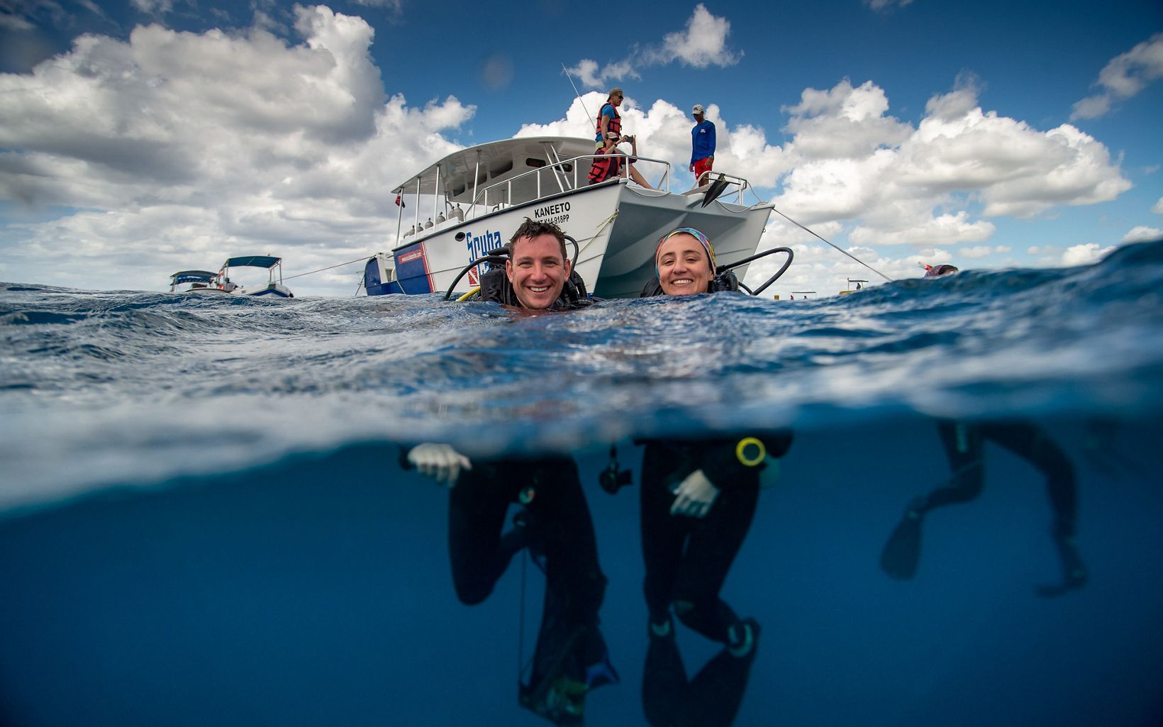 
                
                  Divers in the Water Joe Pollock and Ximena Escovar, TNC staff members, proud of the work completed on the reef.
                  © Paul A. Selvaggio/TNC
                
              