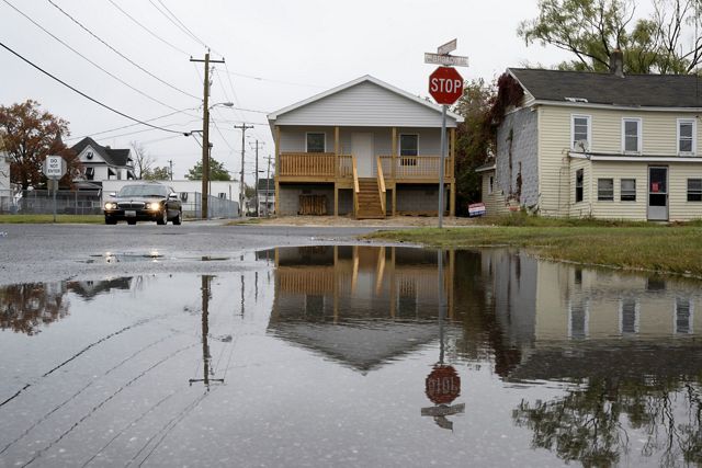 Flood waters in a small town, Crisfield, on Maryland's Eastern Shore.