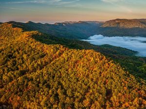 A mist emerges near a colorful forested ridge.