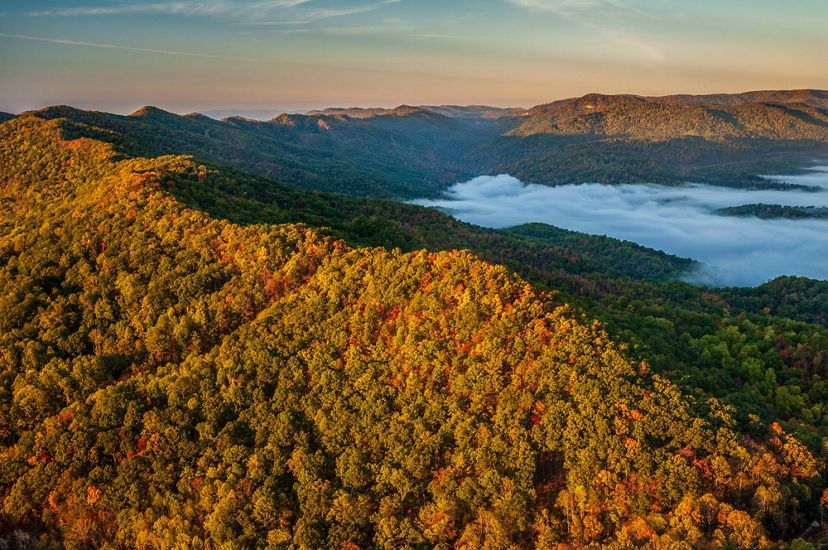 Aerial photo of Cumberland Mountains in Tennessee in bright fall foliage colors with mist in the valleys. 
