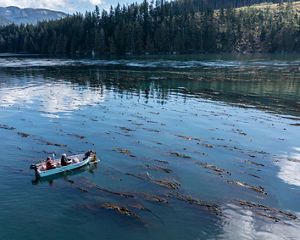 Tres personas en un barco en el mar tomando medidas de algas.