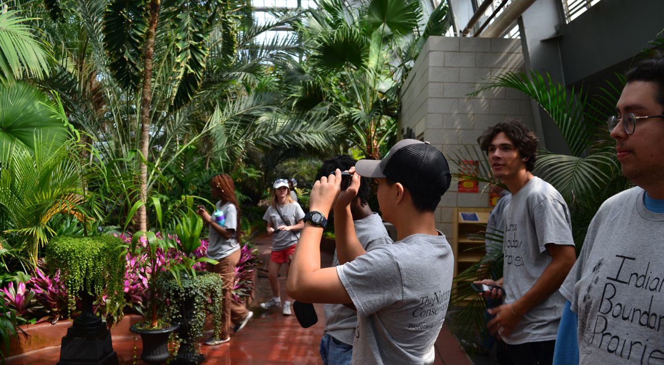 A group of young people exploring a conservatory.