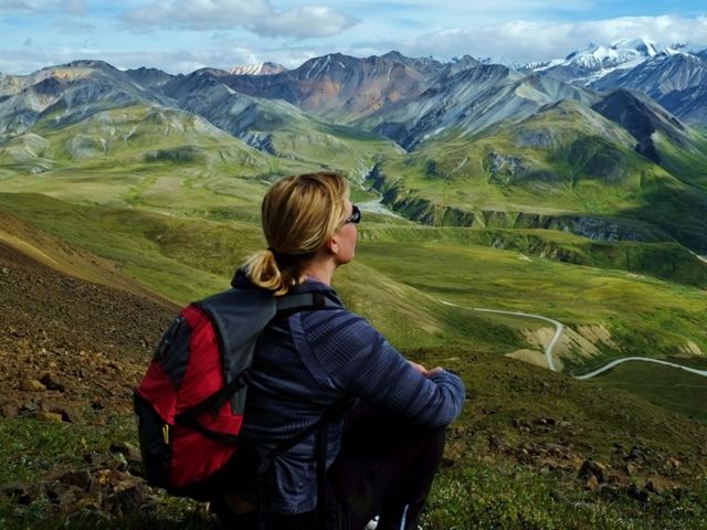Artist Linda Infante Lyons taking in the view of the Denali National Park