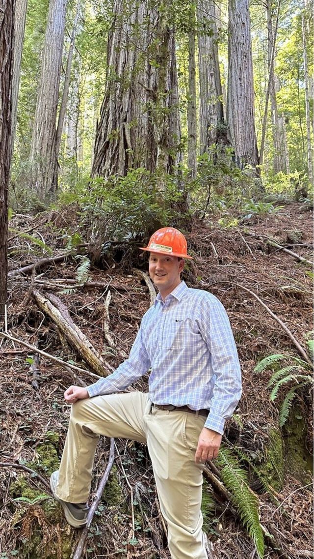 A man wearing an orange hard hat poses in a forest. One foot rests on a tree stump at the bottom of a slope that is thick with towering trees.