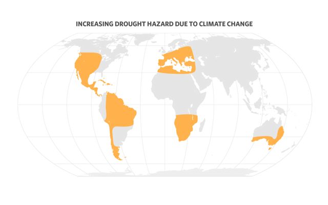 World map with orange shaded areas showing increasing drought hazard due to climate change.