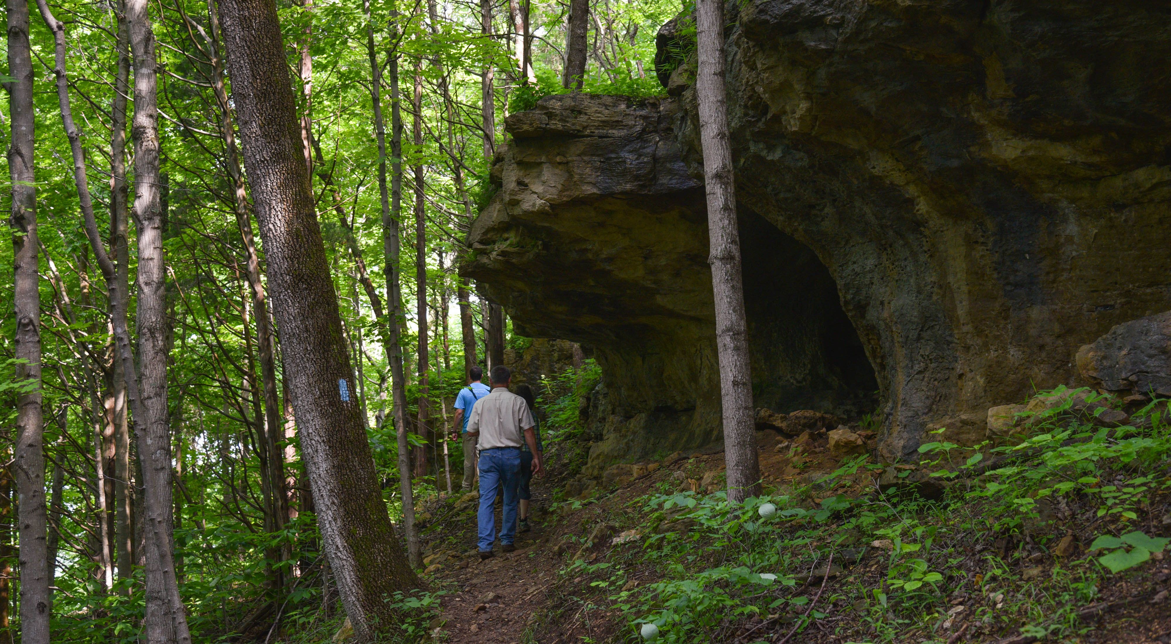 Hikers hike along forested trail at Edge of Appalachia Preserve.