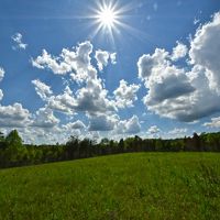 Grassy field below a bright blue sky with numerous puffy clouds and a bright sun