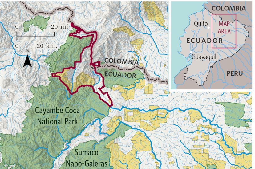 The Aguarico Chingual Cofanes Water Protection Area and Nushiño-Curaray-Villano Fluvial Reserve in Ecuador. Data sources: TNC, GloRiC, RAISG, GADM, Natural Earth, Esri.