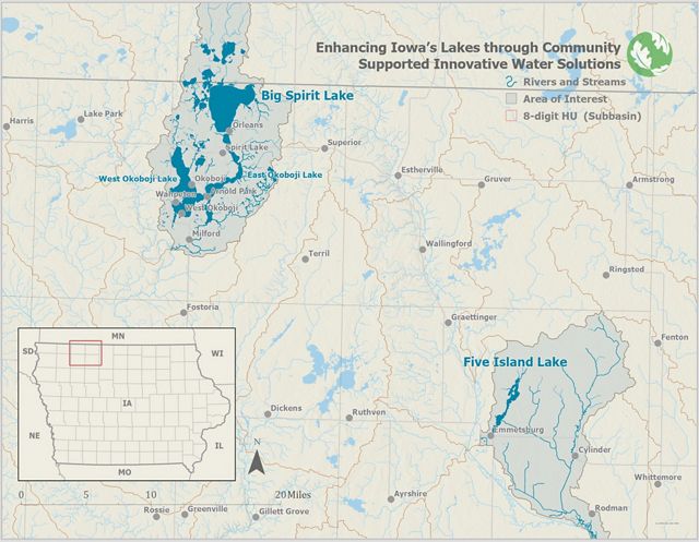 Map showing area of work for the Enhancing Iowa's Lakes request for proposal.