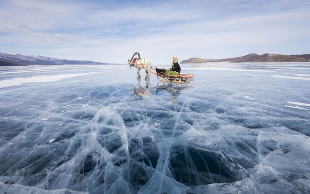 A reindeer pulls a sled on Mongolia’s massive Lake Hövsgöl