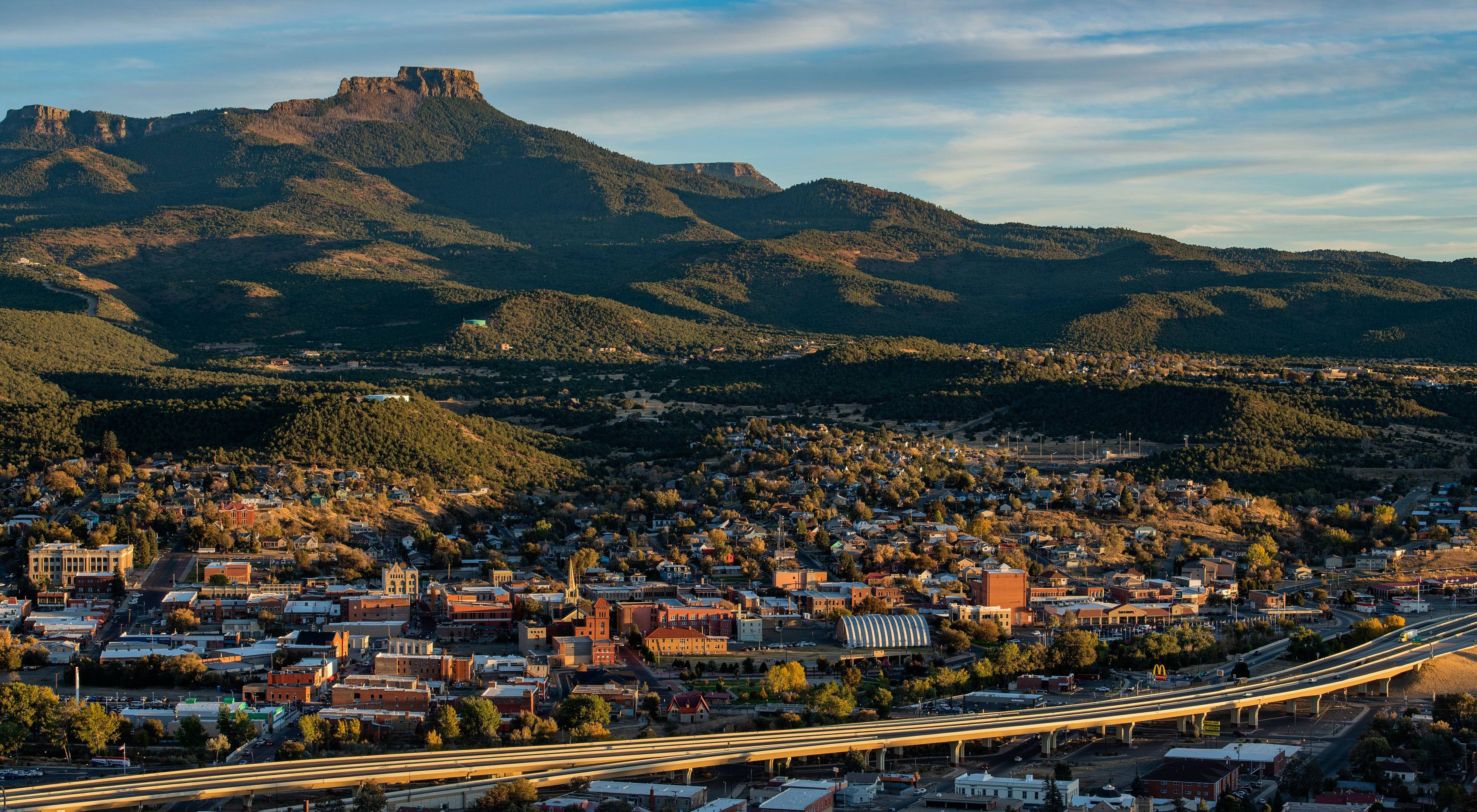 The scenic town of Trinidad, Colorado with Fishers Peak in background
